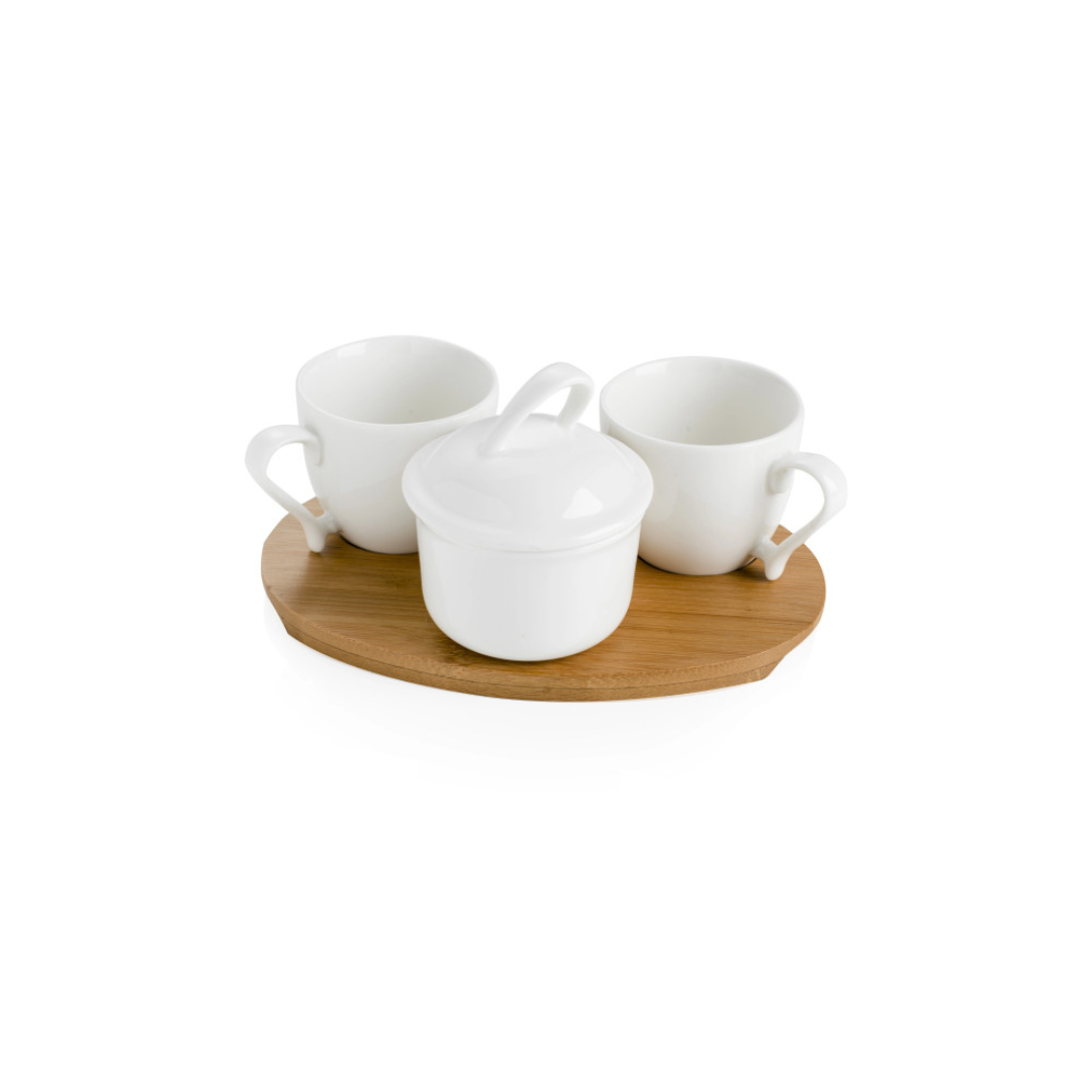 COFFE SET 3PZ PORCELLANA BIANCA C/VASSOIO BAMBOO