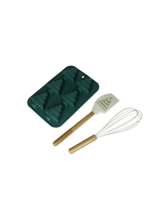Stampo biscotti albero di Natale verde con frusta e leccapentola silicone